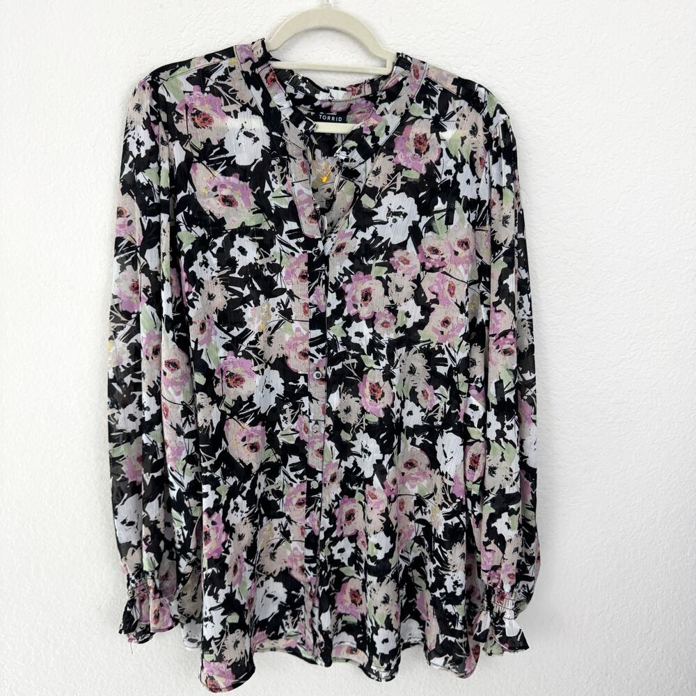 Torrid Women Crinkle Chiffon Blouse Size 4X Mock Neck Floral Serene Brushstrokes